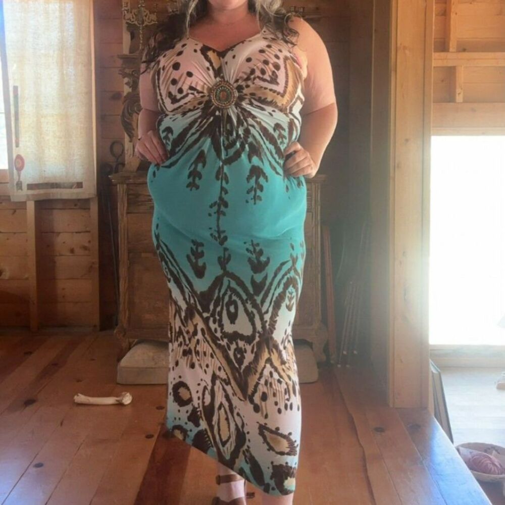 womans size large Kathy Roberts Boho Beaded Animal Print Maxi Dress teal cowgirl
